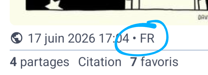 Capture d'écran d'un bout du post précédent, avec entouré le FR indiquant la langue du post