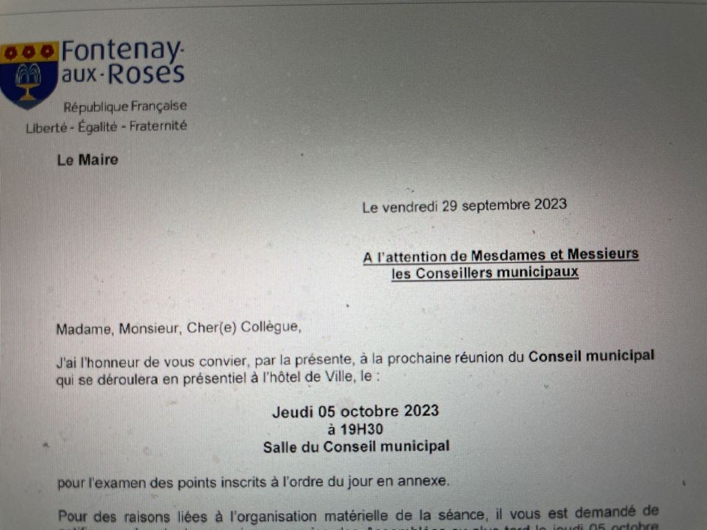 Convocation de 737 pages à une réunion du conseil municipal de Fontenay-aux-Roses le 5 octobre 2023.