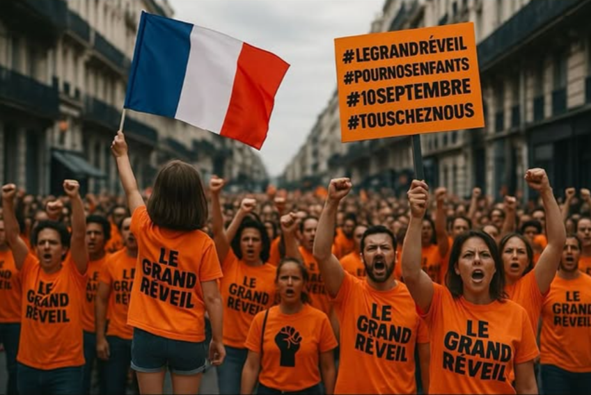 Photo de manifestants, tous en t-shirt orange avec écrit "Le Grand Réveil", poing levé, une pancarte avec écrit "#LeGrandRéveil #Pournosenfants #10septembre #touscheznous"

Un/une enfant de dos au premier plan qui brandi un drapeau français.