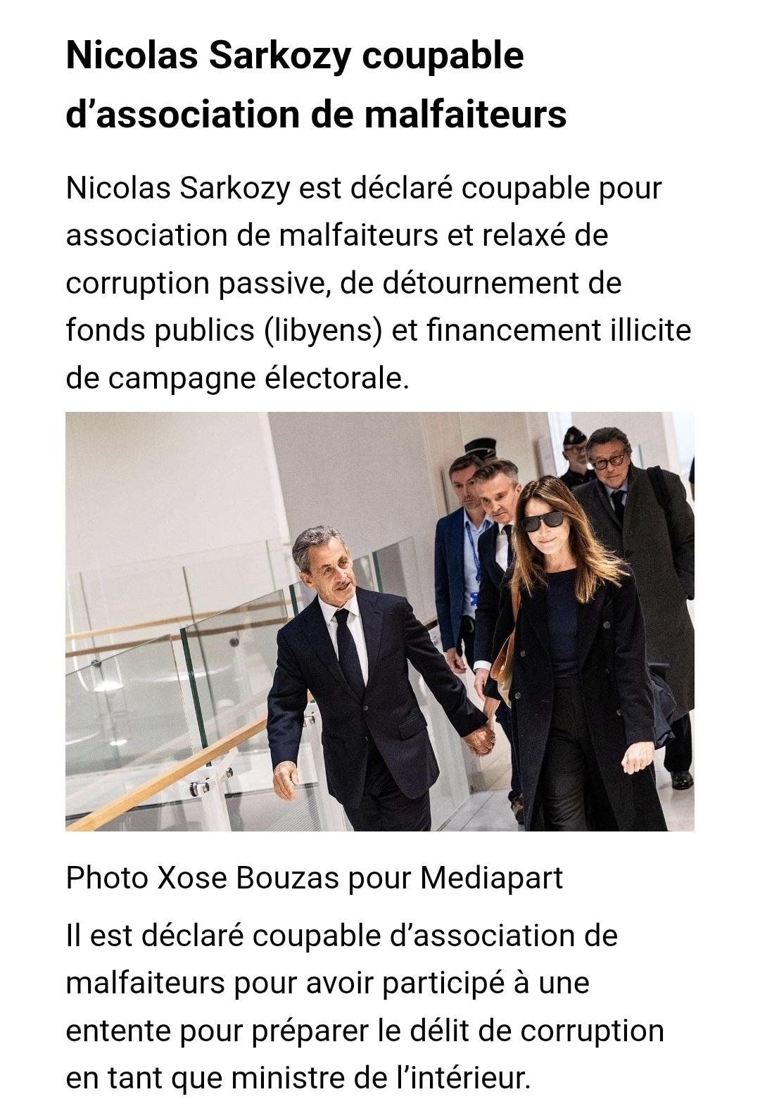 Capture d'écran du Live de Médiapart titrant "Nicolas Sarkozy coupable d'association de malfaiteurs", accompagné d'une photo de l'ancien président de la République, main dans la main avec sa femme Carla Bruny, arrivant au  palais de justice.