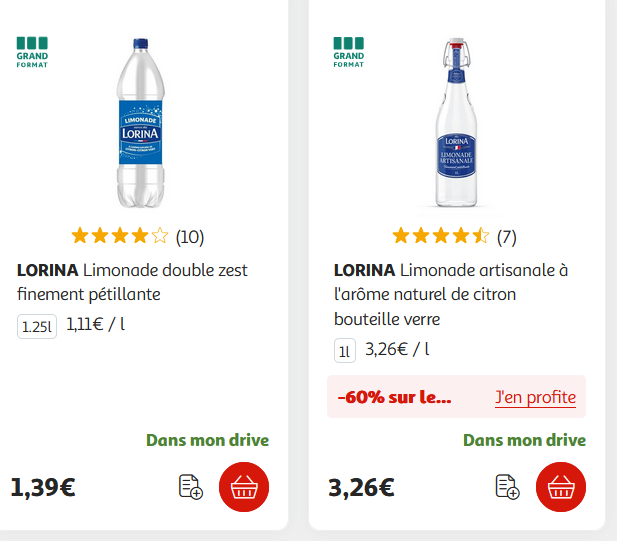 Deux bouteilles de limonade de la même marque, l'une en plastique à 1,11€/l l'autre en verre à 3,26€/l